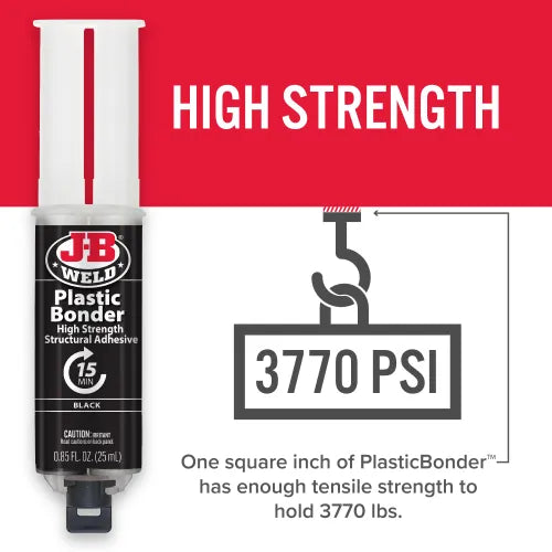 J-B Weld Plastic Bonder™ Syringe - 25 ml works on thermoset, carbon fiber composites, thermoplastics, coated metals, concrete & more. J-B Weld Plastic Bonder™ Syringe - 25 ml works on thermoset, carbon fiber composites, thermoplastics, coated metals, concrete & more.
